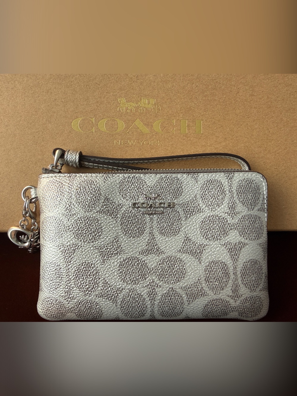 Coach Metallic Silver Signature Wristlet Clutch with Gift Box